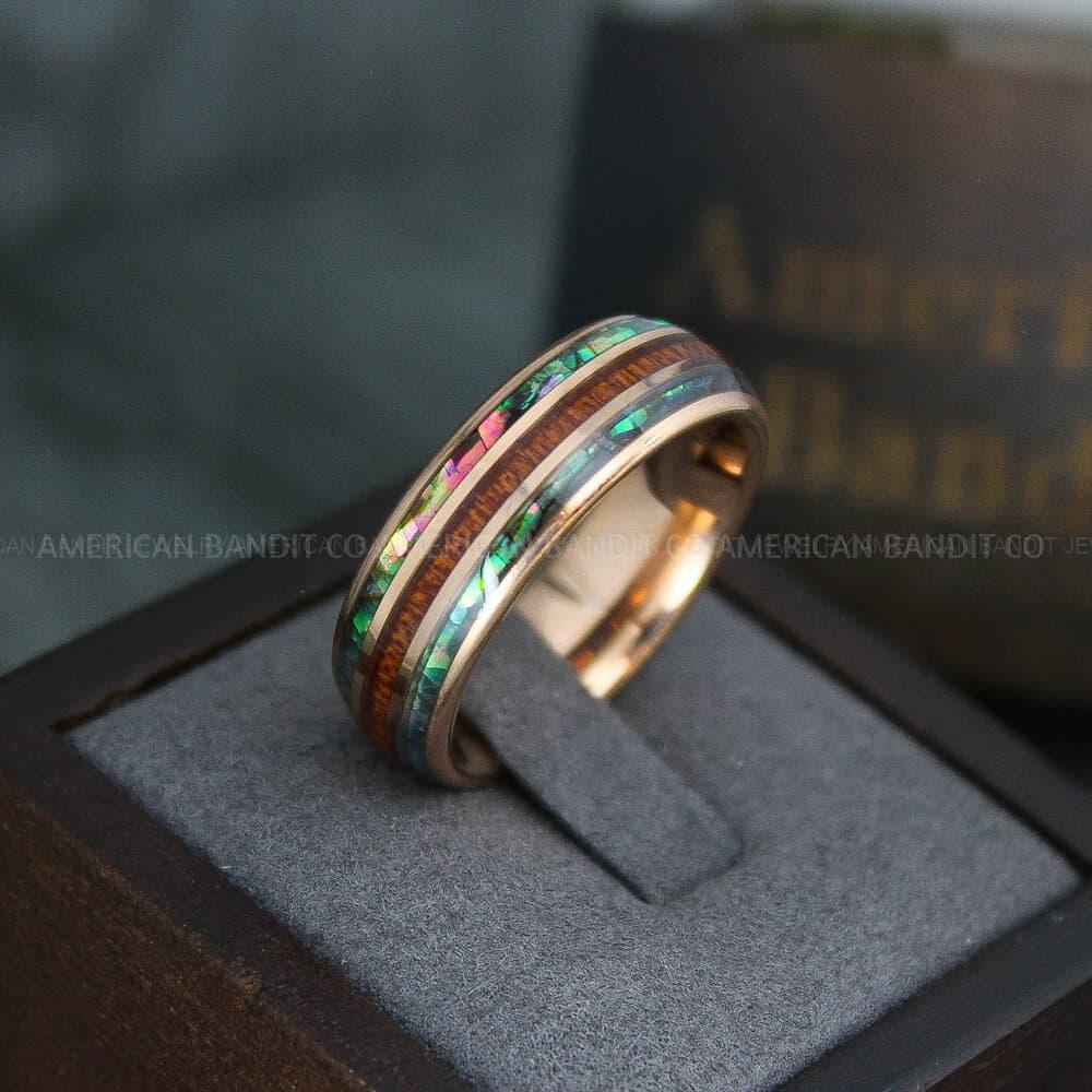 IMG_3905 Wood Ring, Abalone Shell Ring, Rose Gold Wedding Band, Rose Gold Wedding Ring, Wood Wedding Ring, Abalone Shell Wedding Ring, Wood Jewelry - Image 1