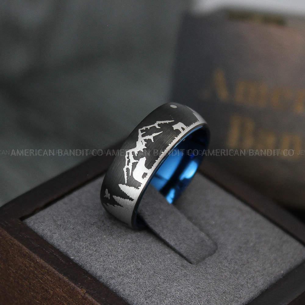 IMG_3912 Forest Ring, Mountain Range Ring, Mountains Scene Ring, Wolf Ring, Bears Ring, Hunting Wedding Band - Image 1