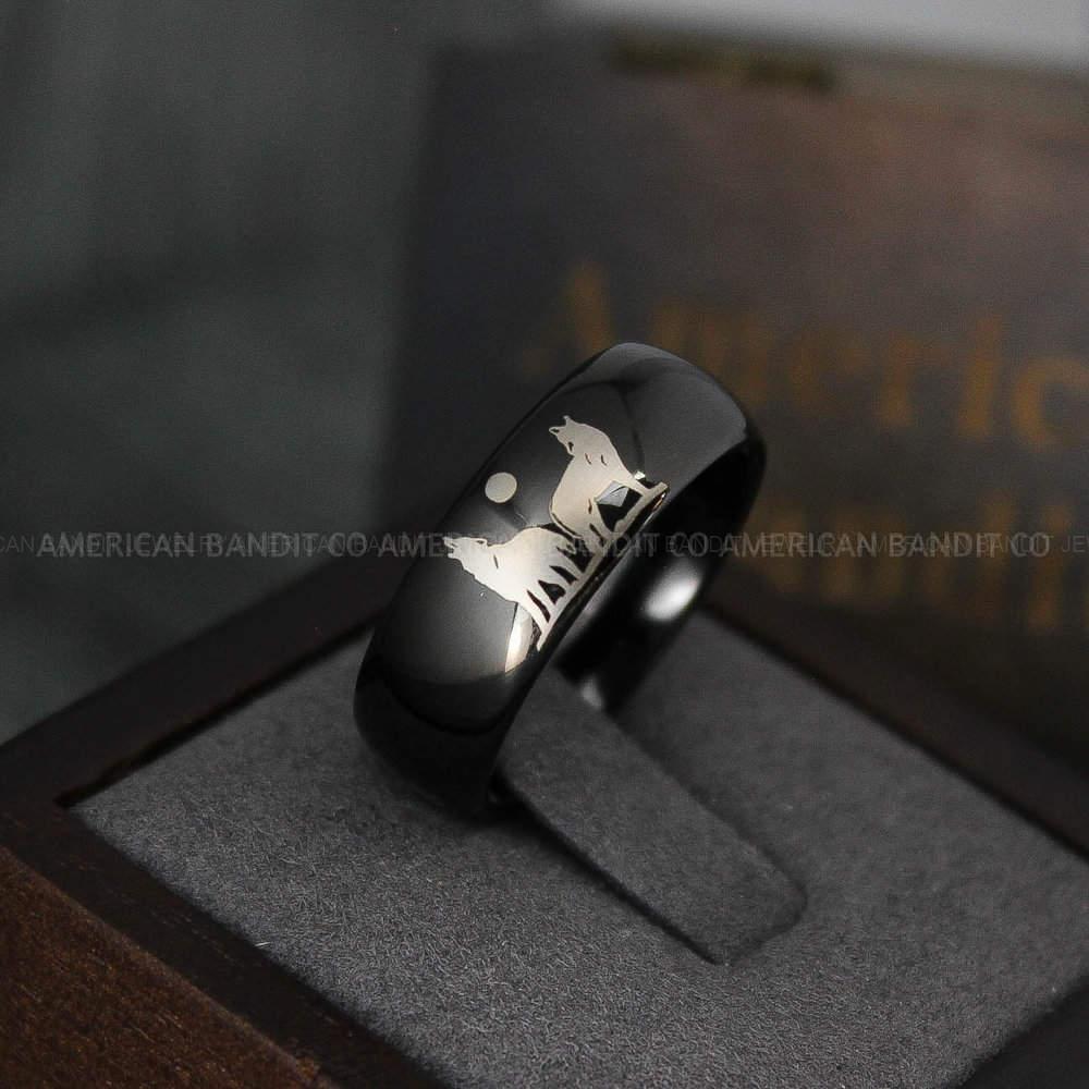 IMG_3959 Howling Wolves Ring, Wolf Ring, Black Ring, Black Tungsten Ring, Wolves Ring, Wolf Howl Ring, Black Wedding Band - Image 1
