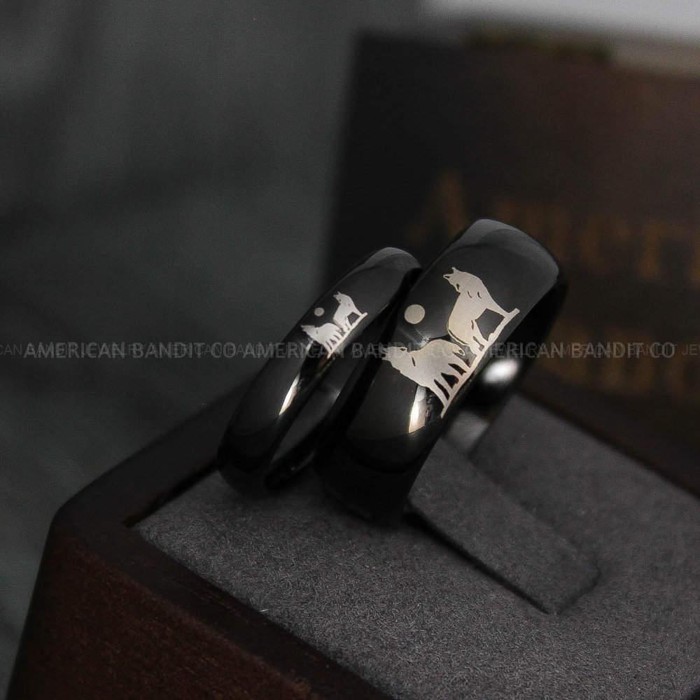 IMG_3962 Howling Wolves Ring, Wolf Ring, Black Ring, Black Tungsten Ring, Wolves Ring, Wolf Howl Ring, Black Wedding Bands, Matching Wedding Rings - Image 1