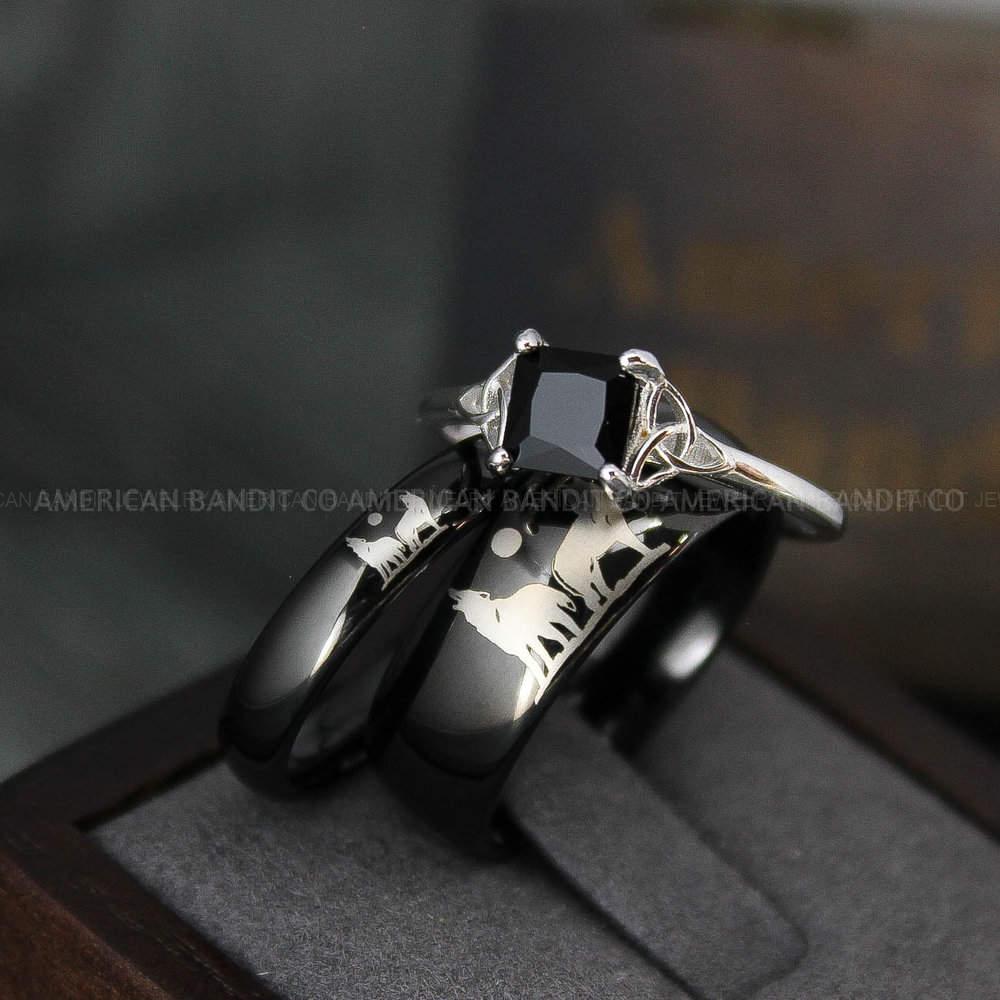 IMG_3966 Howling Wolves Rings, Wolf Rings, Couple Rings, Black Rings, Black Tungsten Rings, Wolves Rings, Wolf Howl Rings, Black Wedding Bands - Image 1