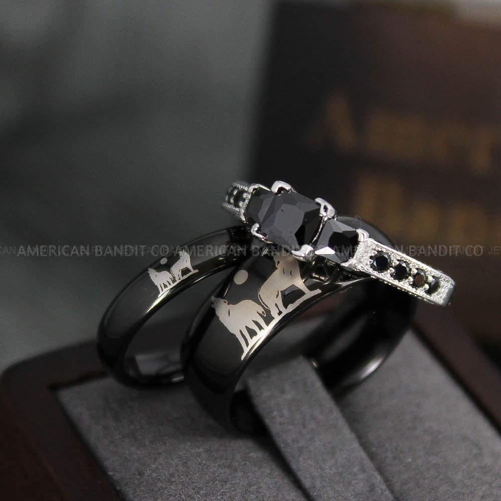 IMG_3974 Howling Wolves Rings, Wolf Rings, Couple Rings, Black Rings, Black Tungsten Rings, Wolves Rings, Wolf Howl Rings, Black Wedding Bands - Image 1