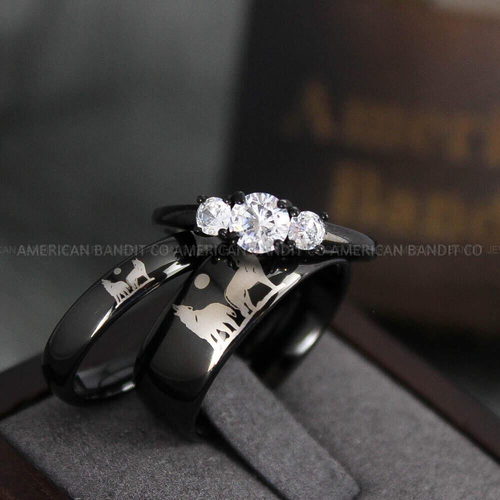 IMG_3975 Howling Wolves Rings, Wolf Rings, Couple Rings, Black Rings, Black Tungsten Rings, Wolves Rings, Wolf Howl Rings, Black Wedding Bands - Image 1