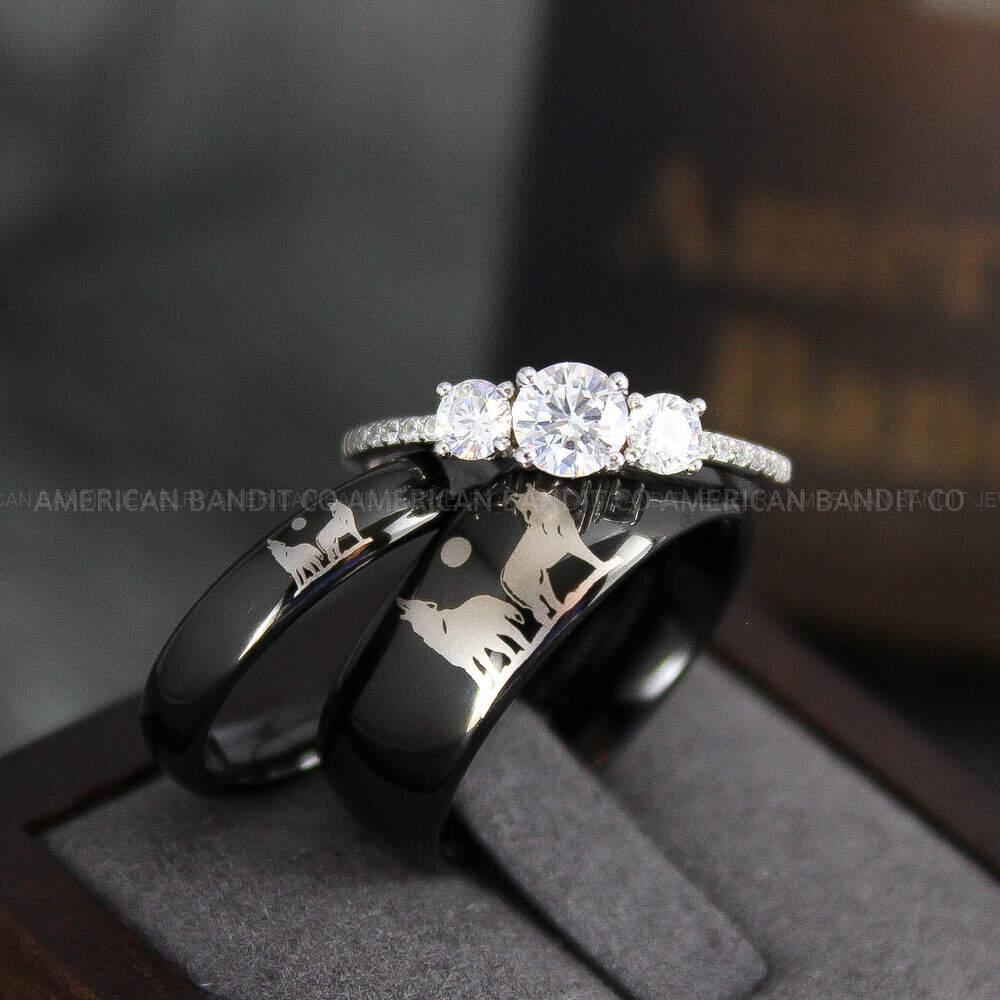 IMG_3976 Howling Wolves Rings, Wolf Rings, Couple Rings, Black Rings, Black Tungsten Rings, Wolves Rings, Wolf Howl Rings, Black Wedding Bands - Image 1