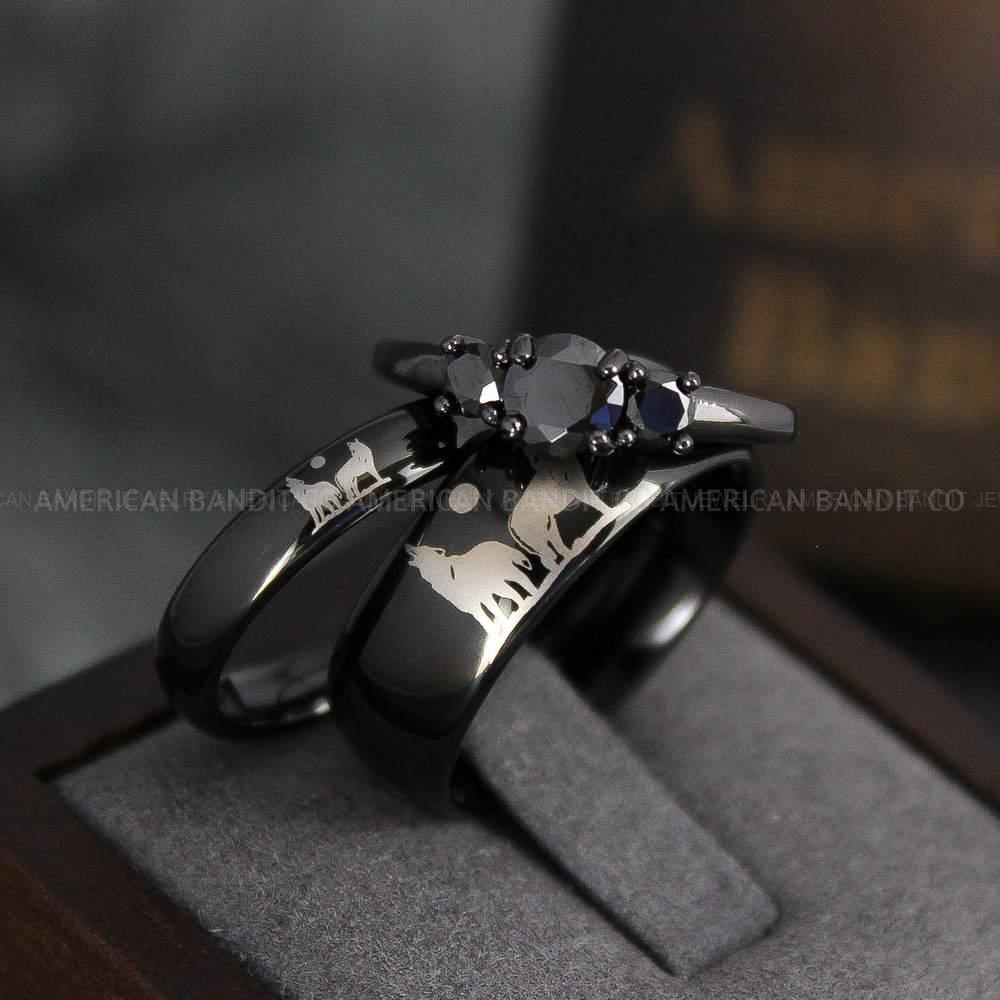 IMG_3978 Howling Wolves Rings, Wolf Rings, Couple Rings, Black Rings, Black Tungsten Rings, Wolves Rings, Wolf Howl Rings, Black Wedding Bands - Image 1