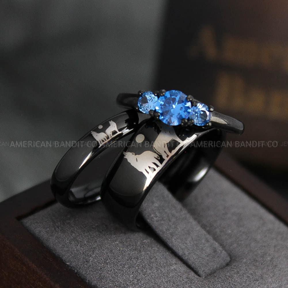 IMG_3979 Howling Wolves Rings, Wolf Rings, Couple Rings, Black Rings, Black Tungsten Rings, Wolves Rings, Wolf Howl Rings, Black Wedding Bands - Image 1