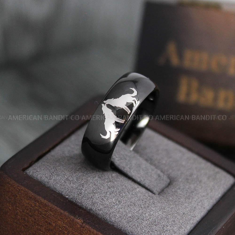 IMG_3982 Howling Wolves Ring, Wolf Ring, Black Ring, Black Tungsten Ring, Wolves Ring, Wolf Howl Ring, Black Wedding Band - Image 1