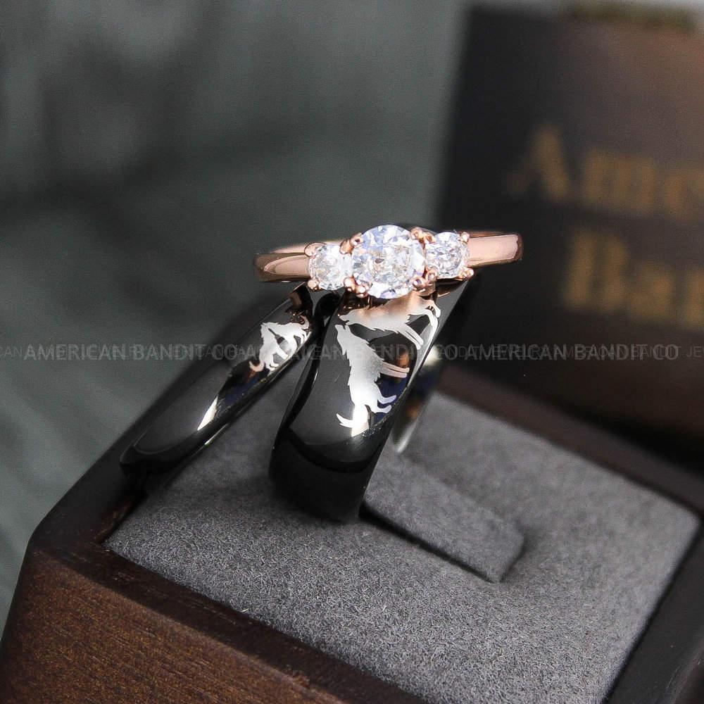 IMG_3995 Howling Wolves Rings, Wolf Rings, Couple Rings, Black Rings, Black Tungsten Rings, Wolves Rings, Wolf Howl Rings, Black Wedding Bands - Image 1