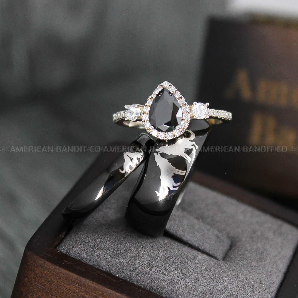 IMG_3996 Howling Wolves Rings, Wolf Rings, Couple Rings, Black Rings, Black Tungsten Rings, Wolves Rings, Wolf Howl Rings, Black Wedding Bands - Image 1