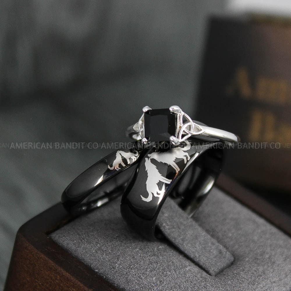 IMG_4002 Howling Wolves Rings, Wolf Rings, Couple Rings, Black Rings, Black Tungsten Rings, Wolves Rings, Wolf Howl Rings, Black Wedding Bands - Image 1