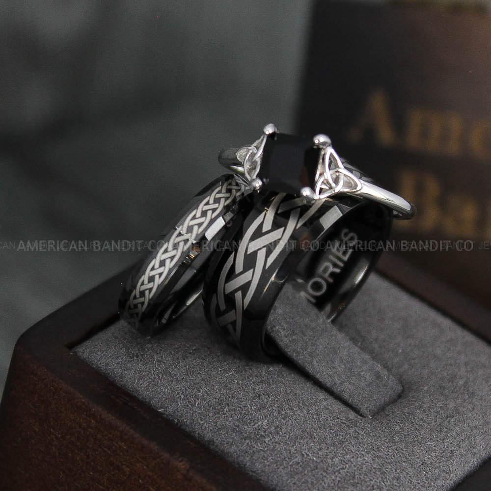 IMG_4019 Celtic Knot Rings, Couple Rings Set, Couple Rings, Couple Wedding Bands, Celtic Rings, Irish Rings, Matching Ring, Couple Jewelry Black Rings - Image 1