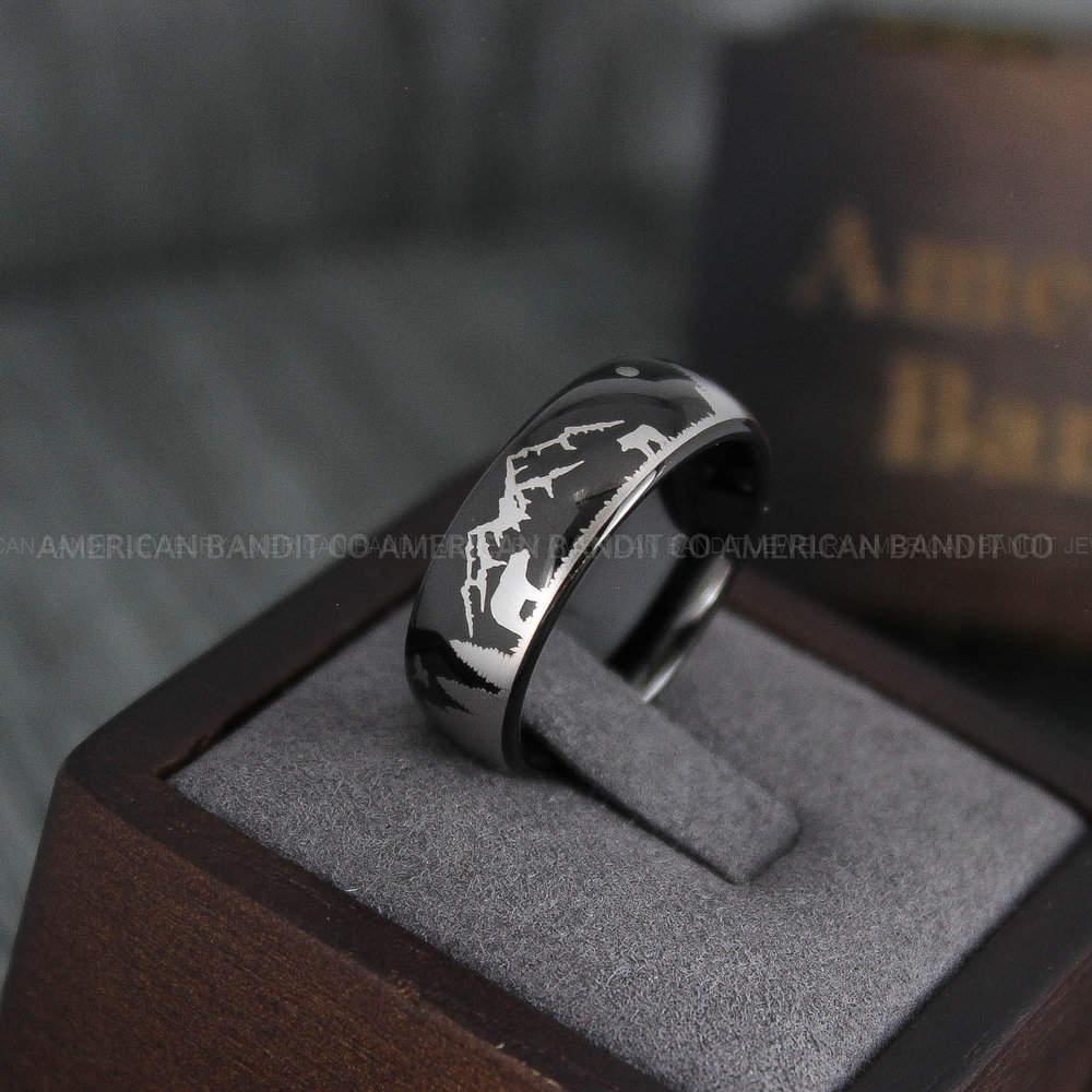IMG_4121 Forest Ring, Mountain Range Ring, Mountains Scene Ring, Wolf Ring, Bears Ring, Hunting Wedding Band - Image 1