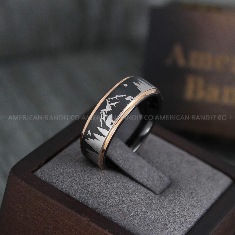IMG_4122 Forest Ring, Mountain Range Ring, Mountains Scene Ring, Wolf Ring, Bears Ring, Hunting Wedding Band - Image 1