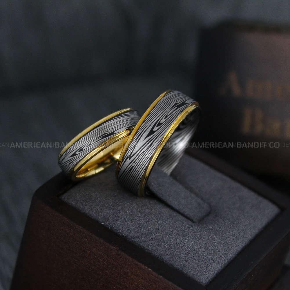 IMG_4166 Damascus Steel Rings, Damascus Steel Wedding Rings, Damascus Steel Wedding Bands, Yellow Gold Wedding Rings, Yellow Gold Damascus Steel Wedding Rings - Image 1
