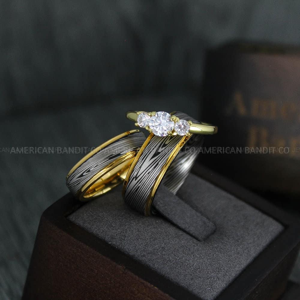 IMG_4167 Damascus Steel Rings, Damascus Steel Wedding Rings, Damascus Steel Wedding Bands, Yellow Gold Wedding Rings, Yellow Gold Damascus Steel Wedding Rings - Image 1