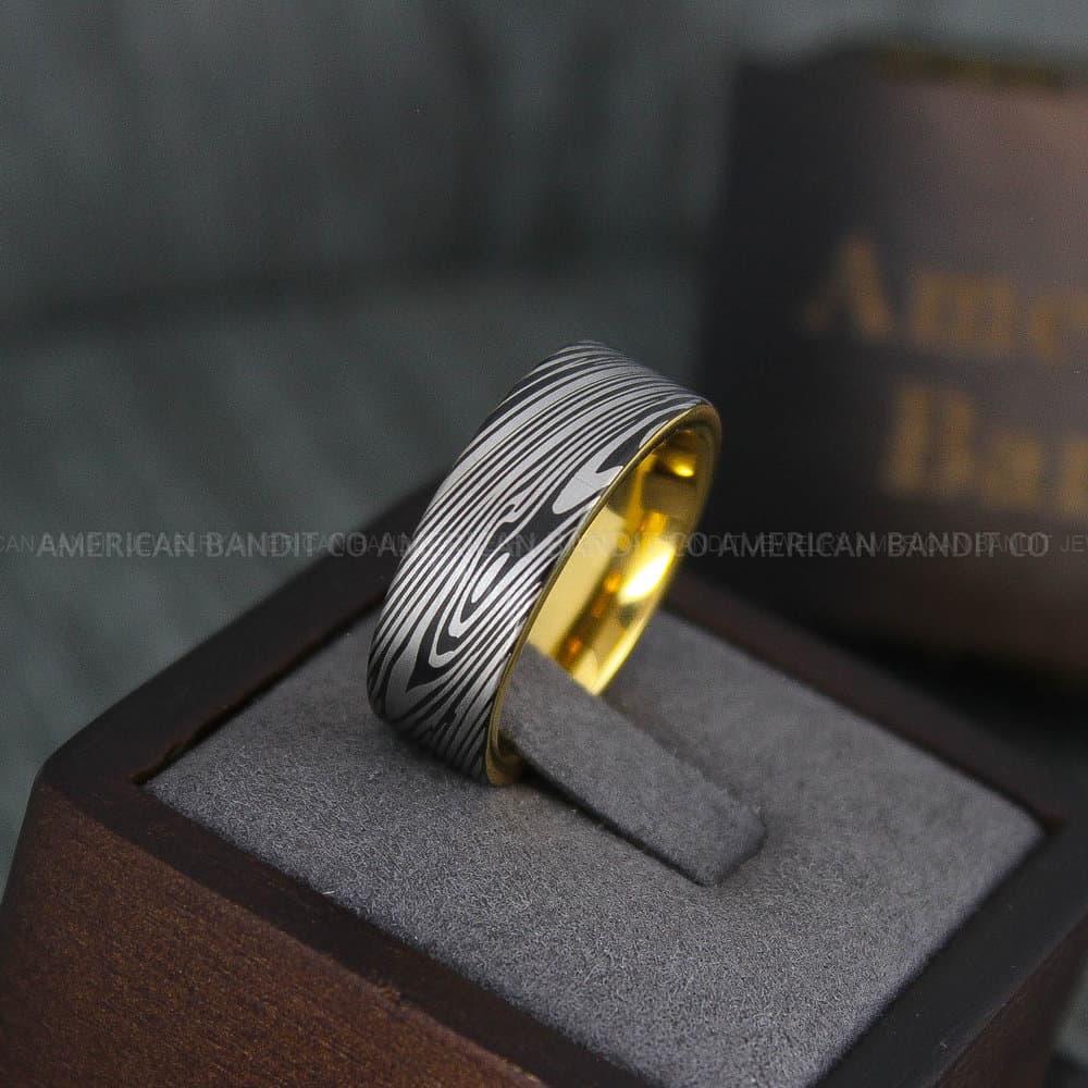 IMG_4184 Damascus Steel Ring, Damascus Steel Wedding Ring, Damascus Steel Wedding Band, Yellow Gold Wedding Ring, Yellow Gold Damascus Steel Wedding Ring - Image 1