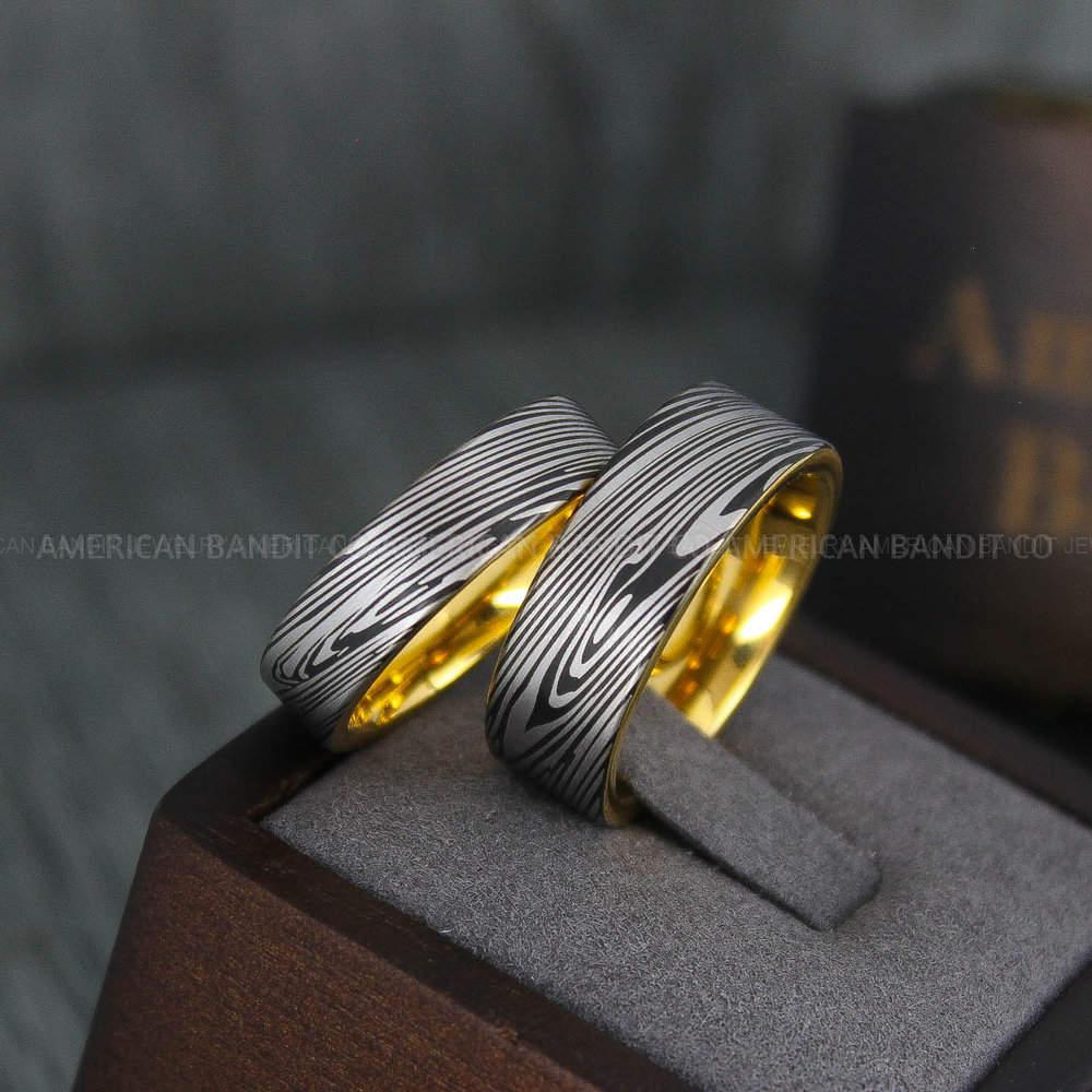 IMG_4185 Damascus Steel Rings, Damascus Steel Wedding Rings, Damascus Steel Wedding Bands, Yellow Gold Wedding Rings, Yellow Gold Damascus Steel Wedding Rings - Image 1