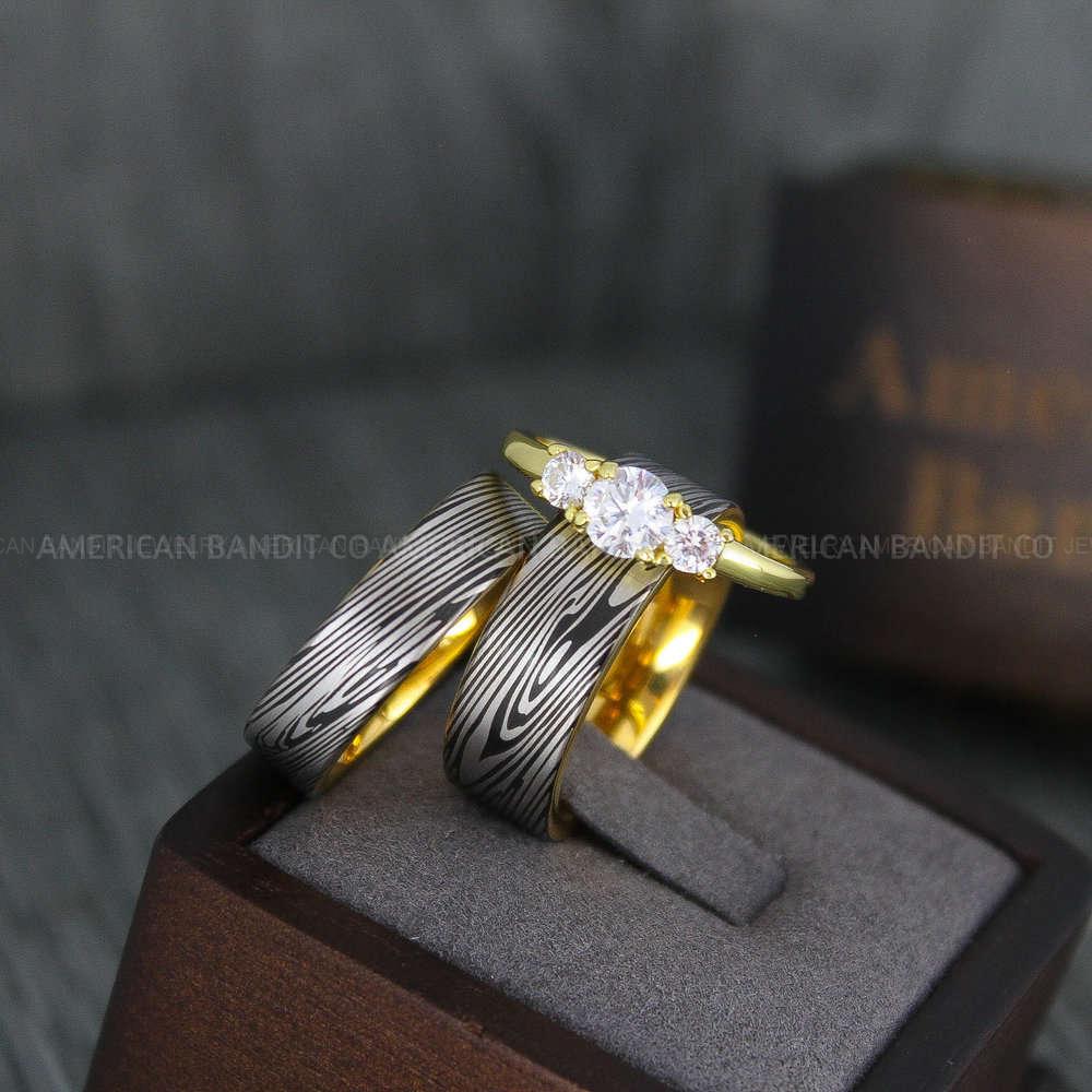 IMG_4189 Damascus Steel Rings, Damascus Steel Wedding Rings, Damascus Steel Wedding Bands, Yellow Gold Wedding Rings, Yellow Gold Damascus Steel Wedding Rings - Image 1
