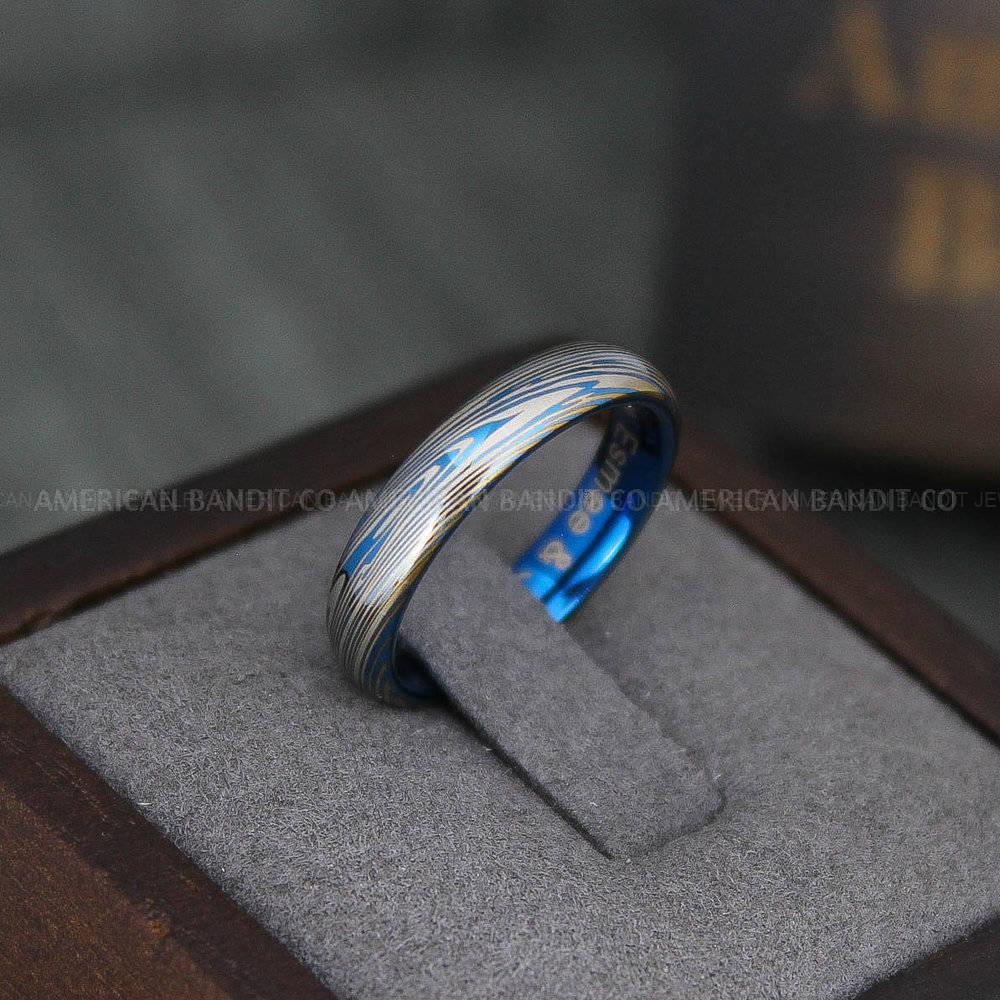 IMG_4193 Damascus Steel Ring, Damascus Steel Wedding Ring, Damascus Steel Wedding Band, Blue Wedding Ring, Blue Damascus Steel Wedding Ring - Image 1