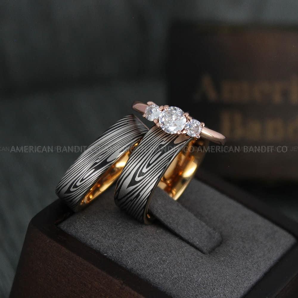 IMG_4223 Damascus Steel Rings, Damascus Steel Wedding Rings, Damascus Steel Wedding Bands, Rose Gold Wedding Rings, Rose Gold Damascus Steel Wedding Rings - Image 1