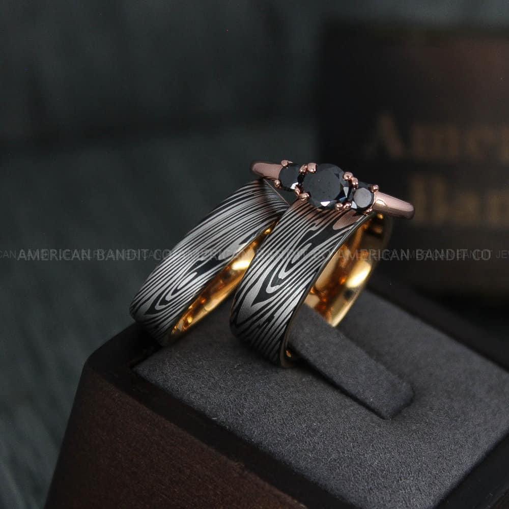 IMG_4224 Damascus Steel Rings, Damascus Steel Wedding Rings, Damascus Steel Wedding Bands, Rose Gold Wedding Rings, Rose Gold Damascus Steel Wedding Rings - Image 1