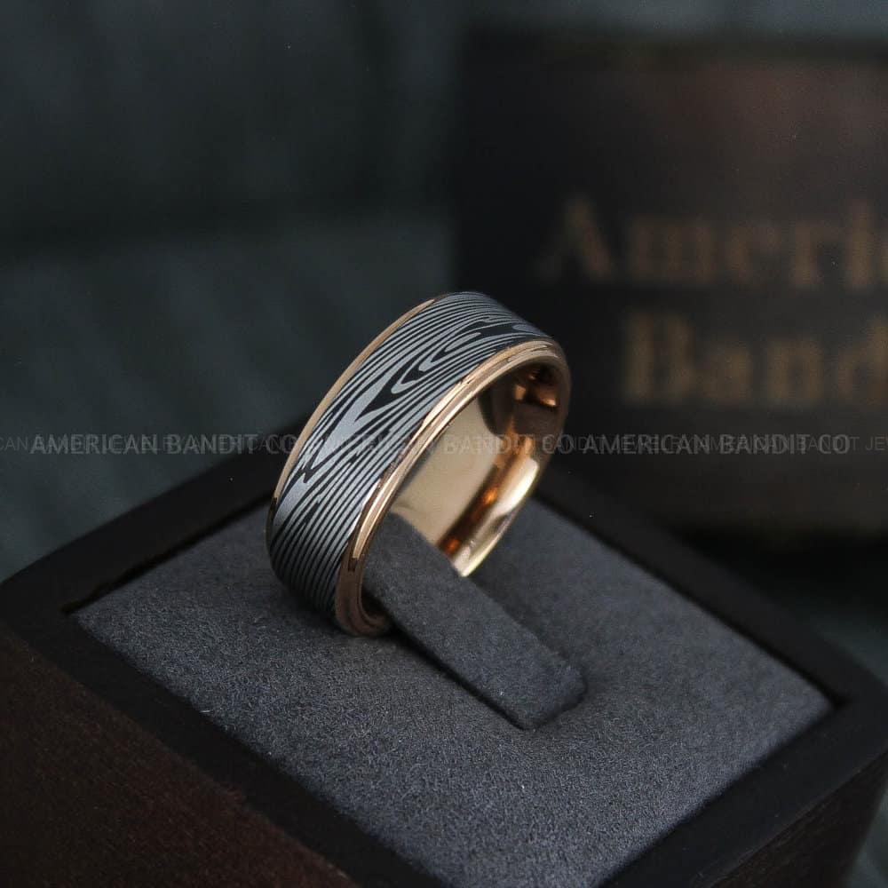 IMG_4225 Damascus Steel Ring, Damascus Steel Wedding Ring, Damascus Steel Wedding Band, Rose Gold Wedding Ring, Rose Gold Damascus Steel Wedding Ring - Image 1