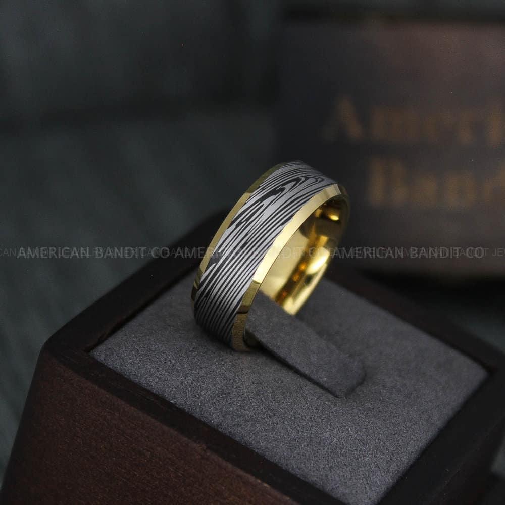 IMG_4230 Damascus Steel Ring, Damascus Steel Wedding Ring, Damascus Steel Wedding Band, Yellow Gold Wedding Ring, Gold Damascus Steel Wedding Ring - Image 1