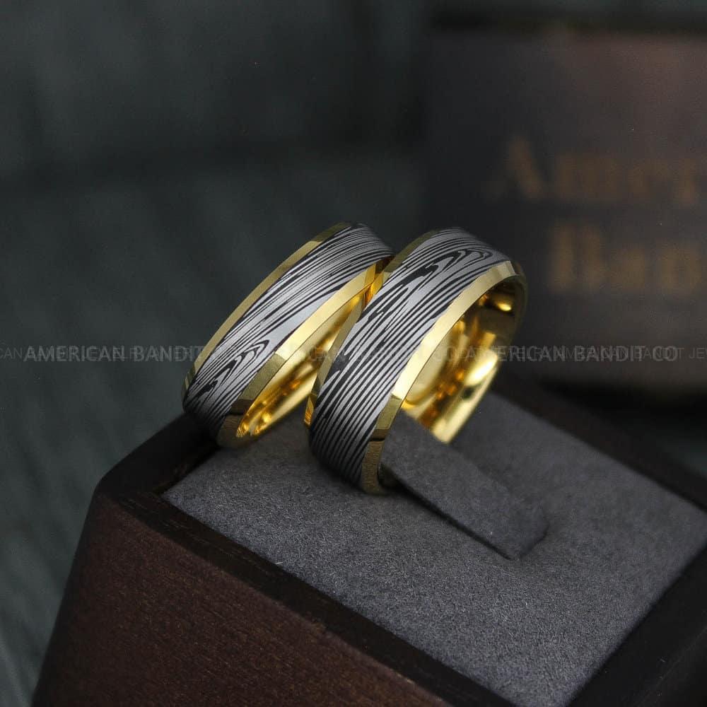 IMG_4231 Damascus Steel Rings, Damascus Steel Wedding Rings, Damascus Steel Wedding Bands, Yellow Gold Wedding Rings, Gold Damascus Steel Wedding Rings - Image 1