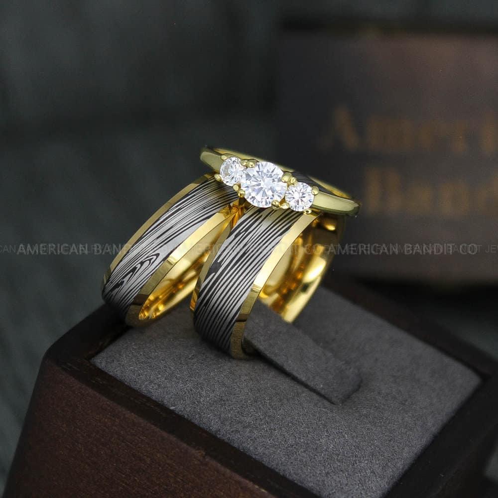 IMG_4232 Damascus Steel Rings, Damascus Steel Wedding Rings, Damascus Steel Wedding Bands, Yellow Gold Wedding Rings, Gold Damascus Steel Wedding Rings - Image 1