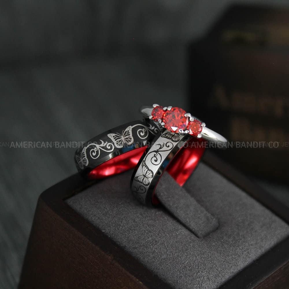 IMG_4316 Butterfly Ring, Butterfly Jewelry, Butterfly Wedding Ring, Butterfly Wedding Band, Red Wedding Band, Red Wedding Ring, Butterfly Couple Ring - Image 1