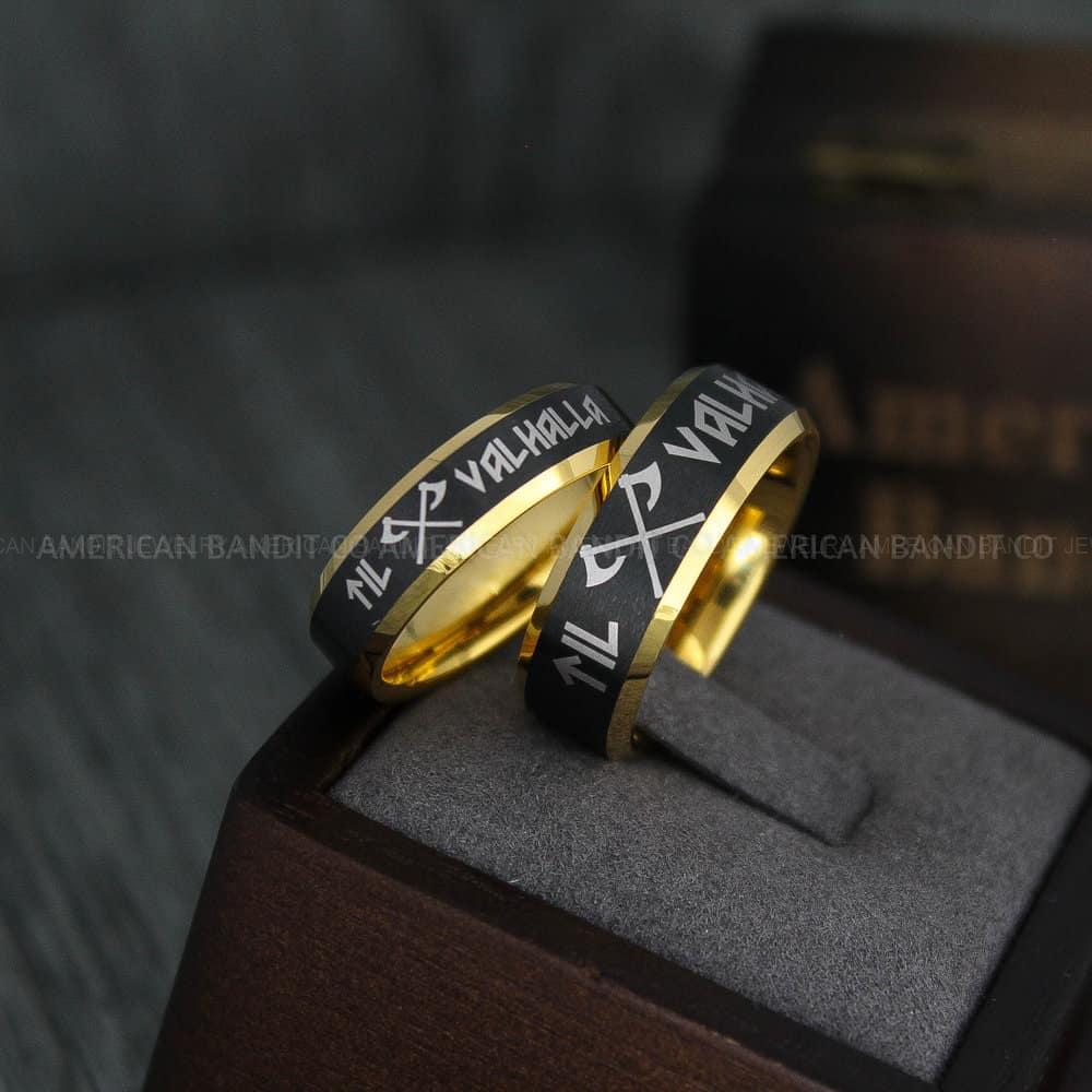 IMG_4328 Til Valhalla Rings, Viking Rings, Runes Rings, Vegvísir Ring, Couple Nordic Rings, Norsemen Rings, Nordic Runes Rings, Black Tungsten Bands - Image 1