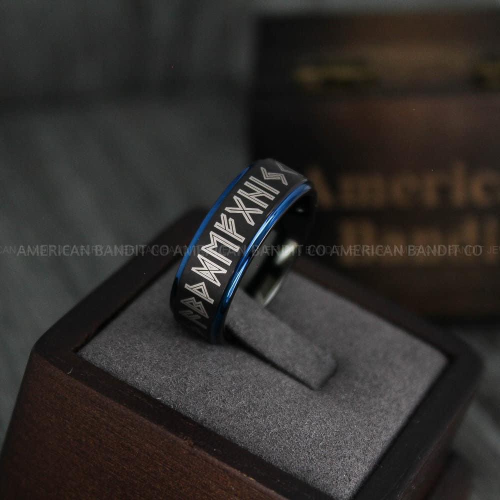 IMG_4337 Til Valhalla Rings, Viking Rings, Runes Rings, Vegvísir Ring, Couple Nordic Rings, Norsemen Rings, Nordic Runes Rings, Black Tungsten Bands - Image 1
