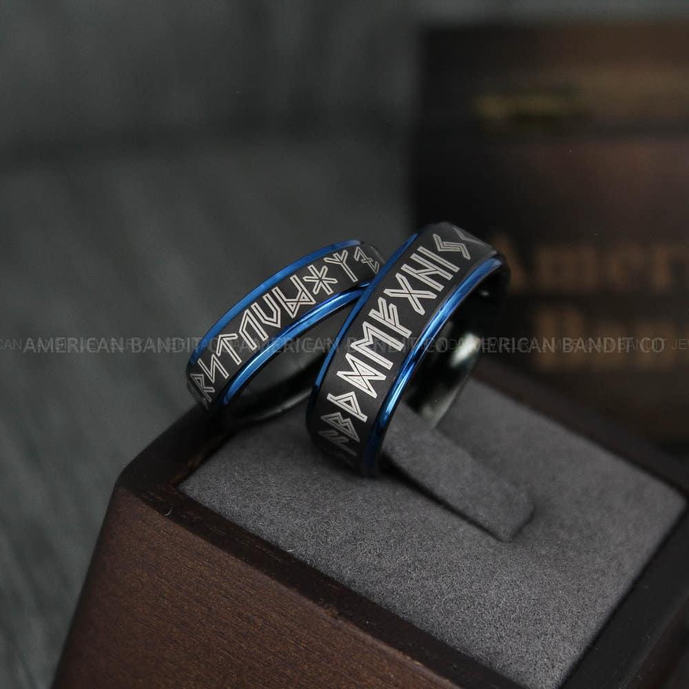 IMG_4338 Til Valhalla Rings, Viking Rings, Runes Rings, Vegvísir Ring, Couple Nordic Rings, Norsemen Rings, Nordic Runes Rings, Black Tungsten Bands - Image 1
