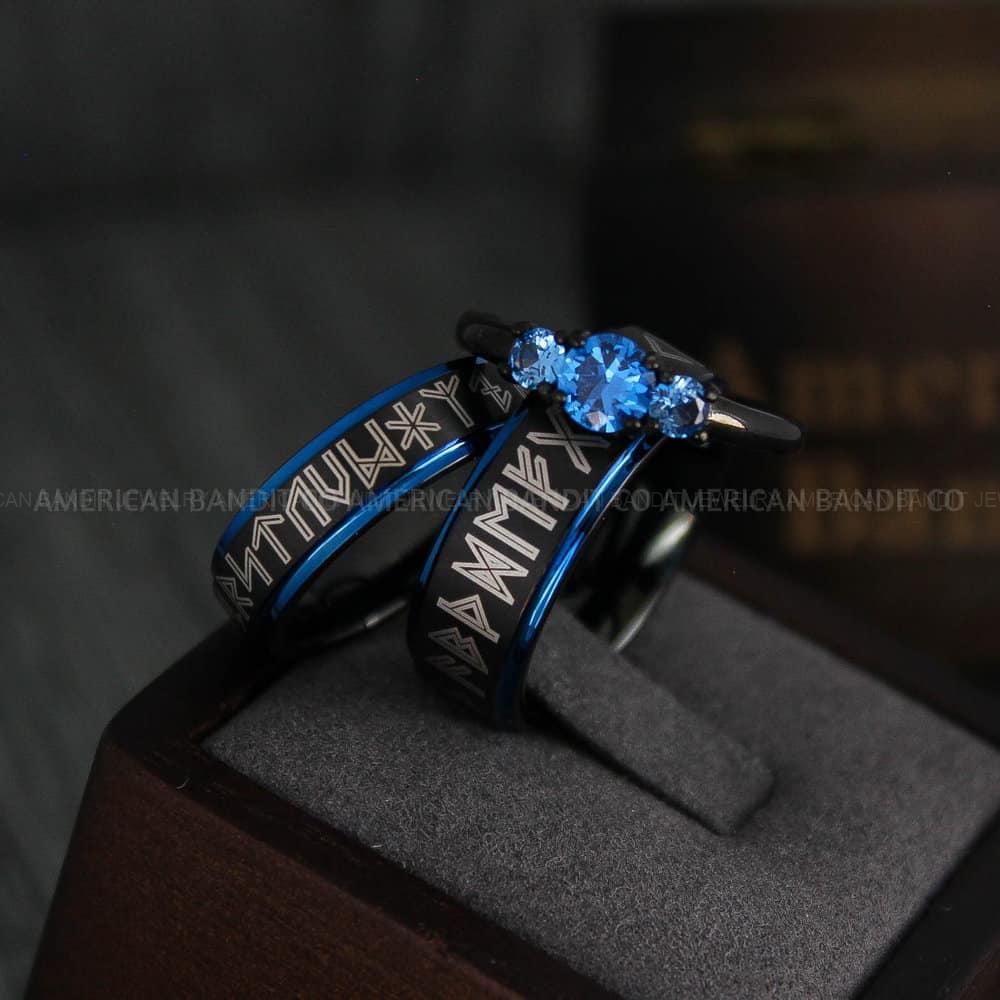 IMG_4344 Til Valhalla Rings, Viking Rings, Runes Rings, Vegvísir Ring, Couple Nordic Rings, Norsemen Rings, Nordic Runes Rings, Black Tungsten Bands - Image 1