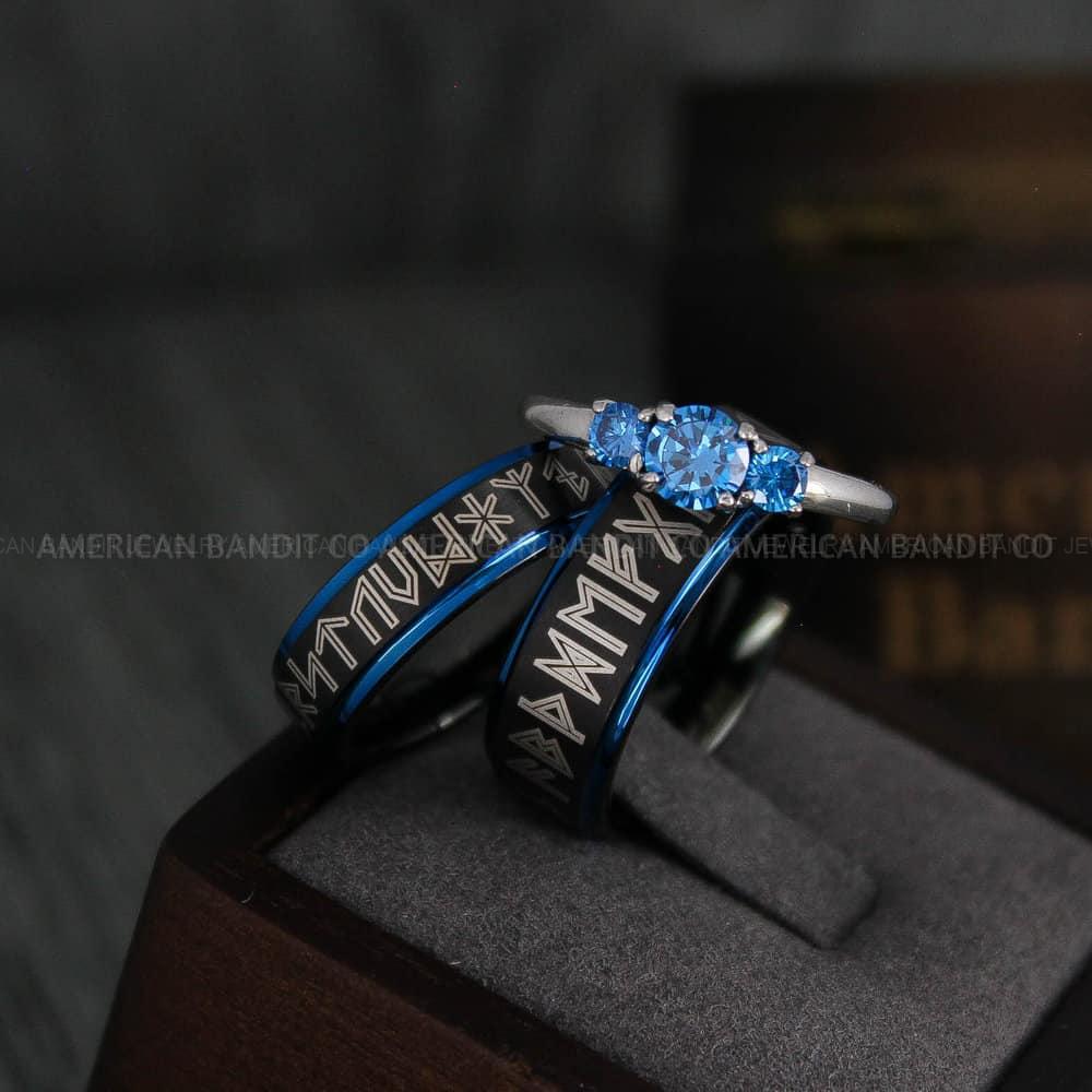 IMG_4346 Til Valhalla Rings, Viking Rings, Runes Rings, Vegvísir Ring, Couple Nordic Rings, Norsemen Rings, Nordic Runes Rings, Black Tungsten Bands - Image 1