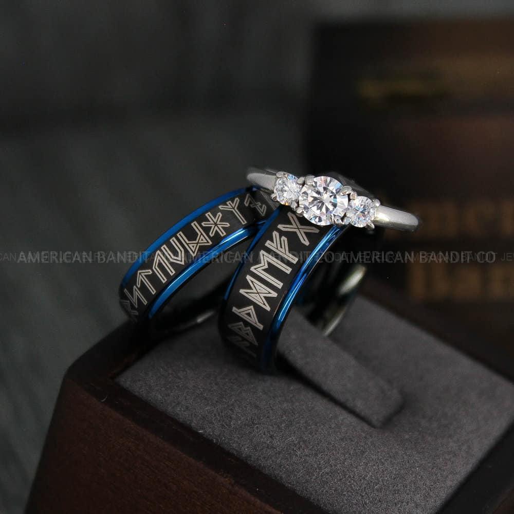 IMG_4349 Til Valhalla Rings, Viking Rings, Runes Rings, Vegvísir Ring, Couple Nordic Rings, Norsemen Rings, Nordic Runes Rings, Black Tungsten Bands - Image 1
