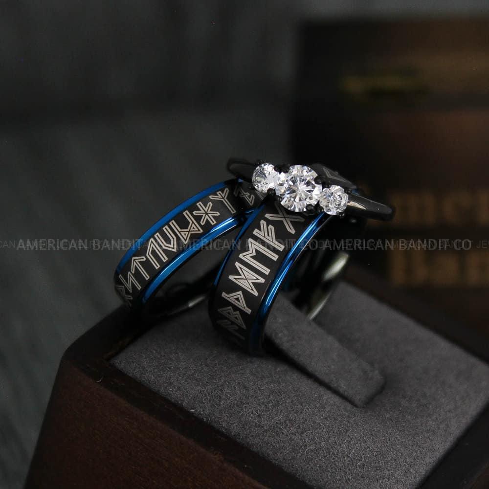 IMG_4350 Til Valhalla Rings, Viking Rings, Runes Rings, Vegvísir Ring, Couple Nordic Rings, Norsemen Rings, Nordic Runes Rings, Black Tungsten Bands - Image 1
