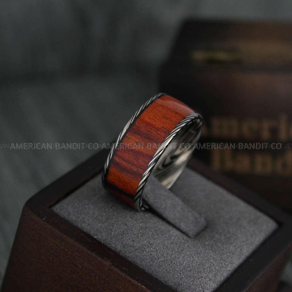 IMG_4351 Damascus Steel Ring, Wood Ring, Damascus Steel Wedding Ring, Damascus Steel Wedding Band, Black Wedding Ring, Black Damascus Steel Wedding Ring - Image 1