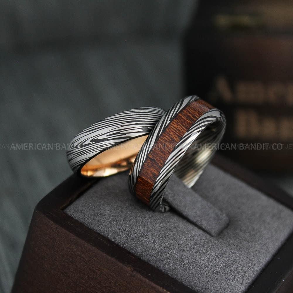 IMG_4367 Damascus Steel Rings, Couple Rings, Wood Rings, Damascus Steel Wedding Rings, Damascus Steel Wedding Bands, Black Wedding Rings, Black Damascus Steel Wedding Rings - Image 1