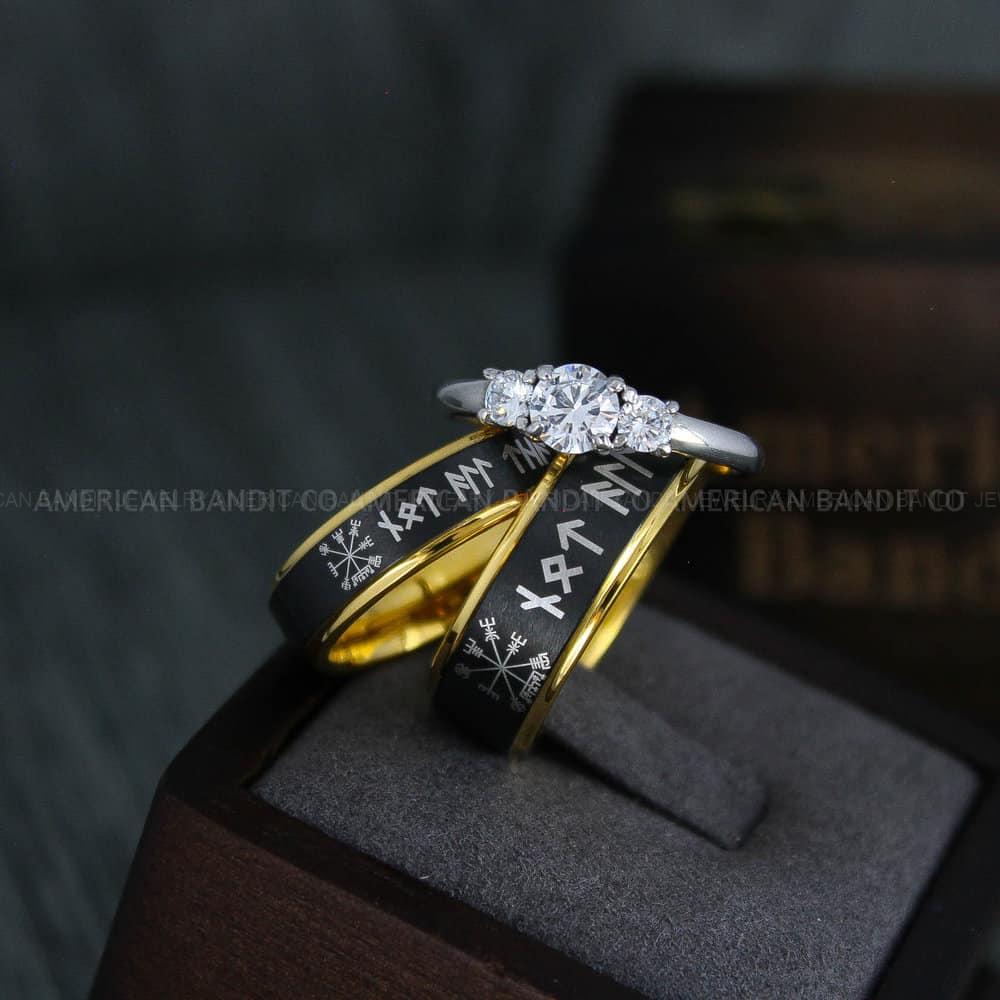 IMG_4392 Til Valhalla Rings, Viking Rings, Runes Rings, Vegvísir Ring, Couple Nordic Rings, Norsemen Rings, Nordic Runes Rings, Black Tungsten Bands - Image 1