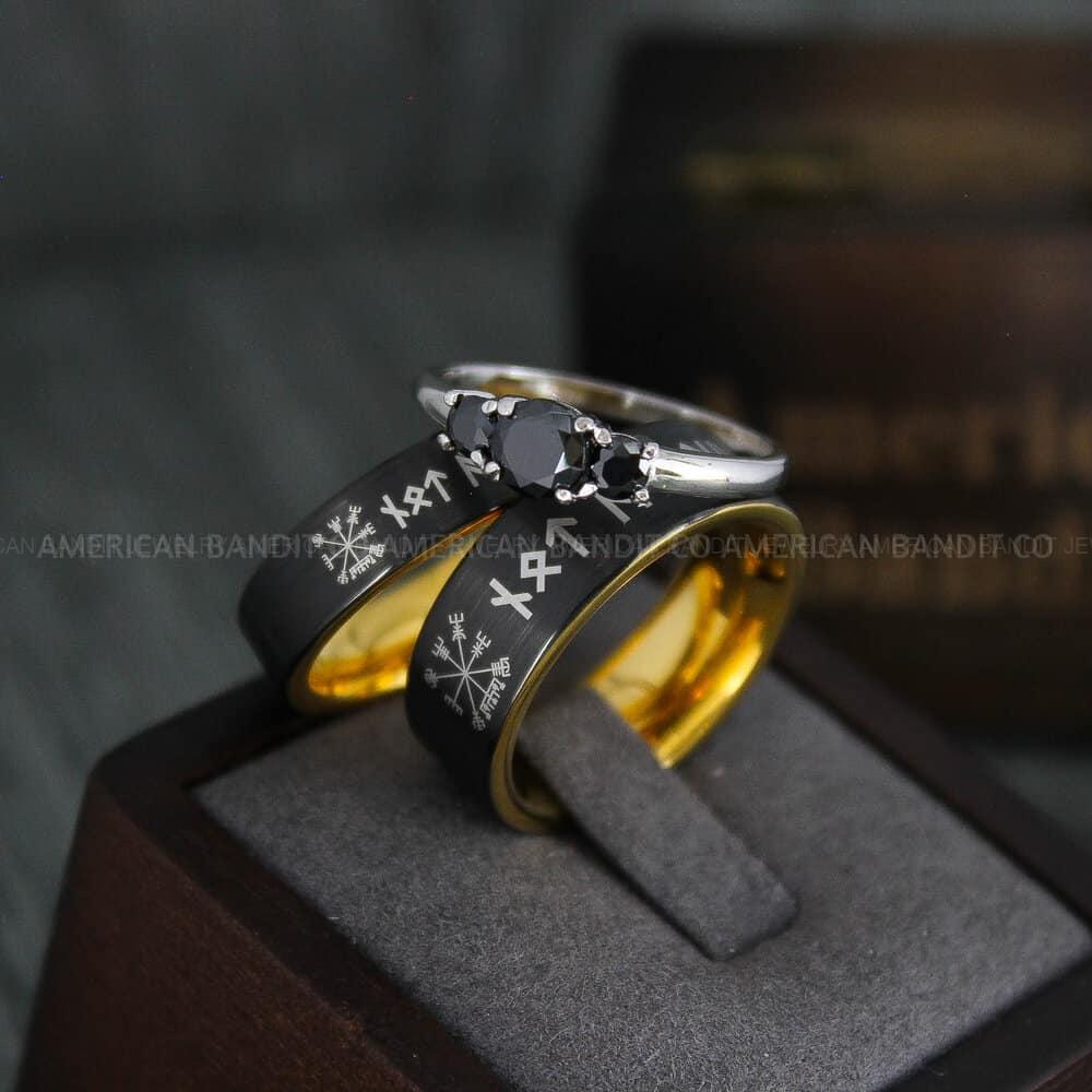 IMG_4410 Til Valhalla Rings, Viking Rings, Runes Rings, Vegvísir Ring, Couple Nordic Rings, Norsemen Rings, Nordic Runes Rings, Black Tungsten Bands - Image 1