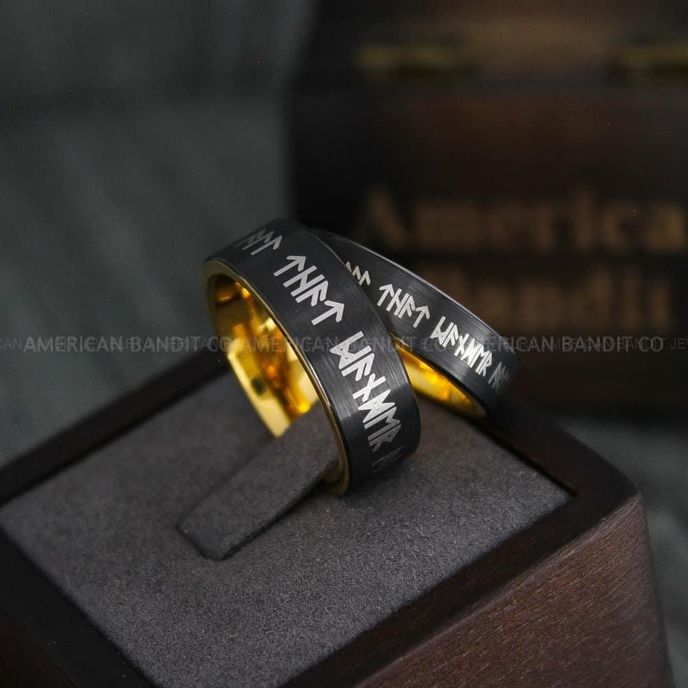 IMG_4412 Til Valhalla Rings, Viking Rings, Runes Rings, Runes Jewelry, Couple Nordic Rings, Norsemen Rings, Nordic Runes Rings, Black Tungsten Bands - Image 1