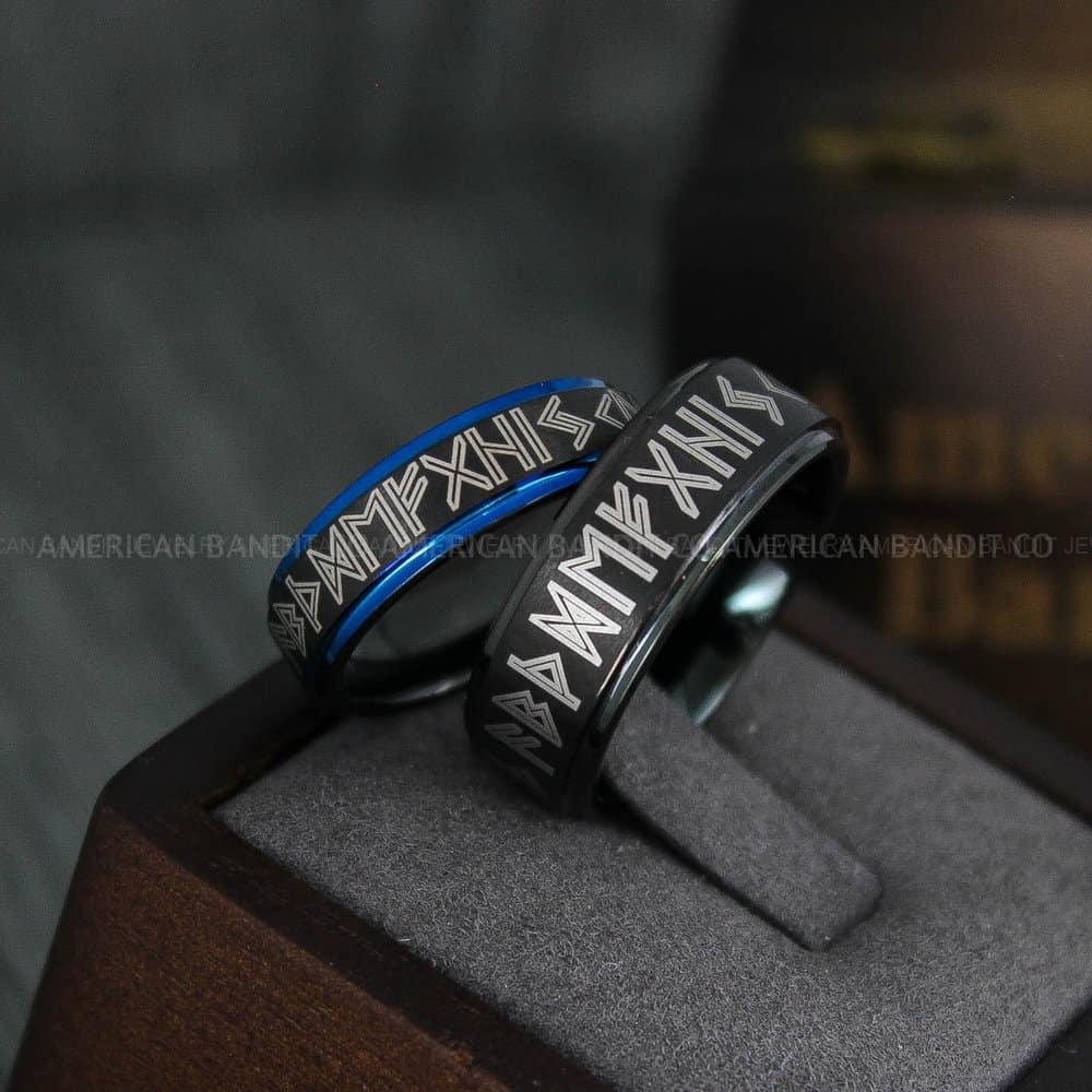 IMG_4428 Til Valhalla Rings, Viking Rings, Runes Rings, Vegvísir Ring, Couple Nordic Rings, Norsemen Rings, Nordic Runes Rings, Black Tungsten Bands - Image 1