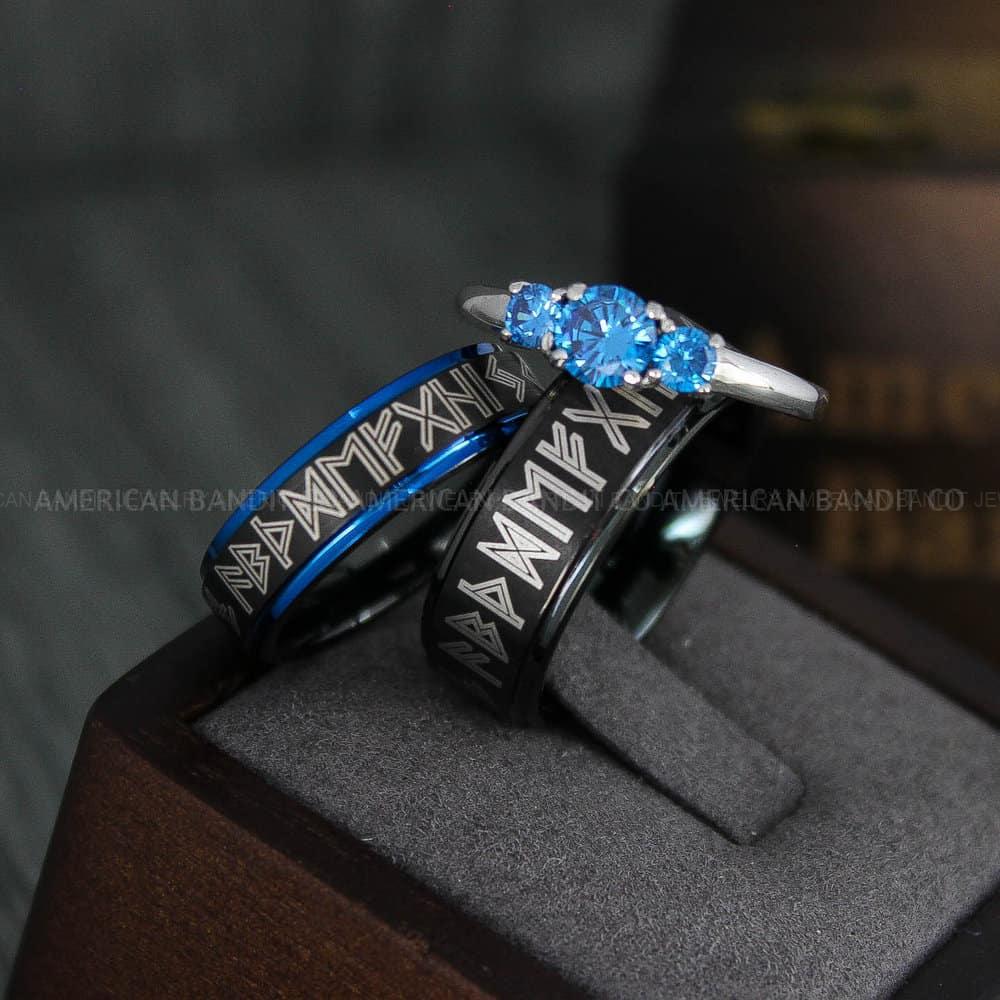 IMG_4430 Til Valhalla Rings, Viking Rings, Runes Rings, Vegvísir Ring, Couple Nordic Rings, Norsemen Rings, Nordic Runes Rings, Black Tungsten Bands - Image 1