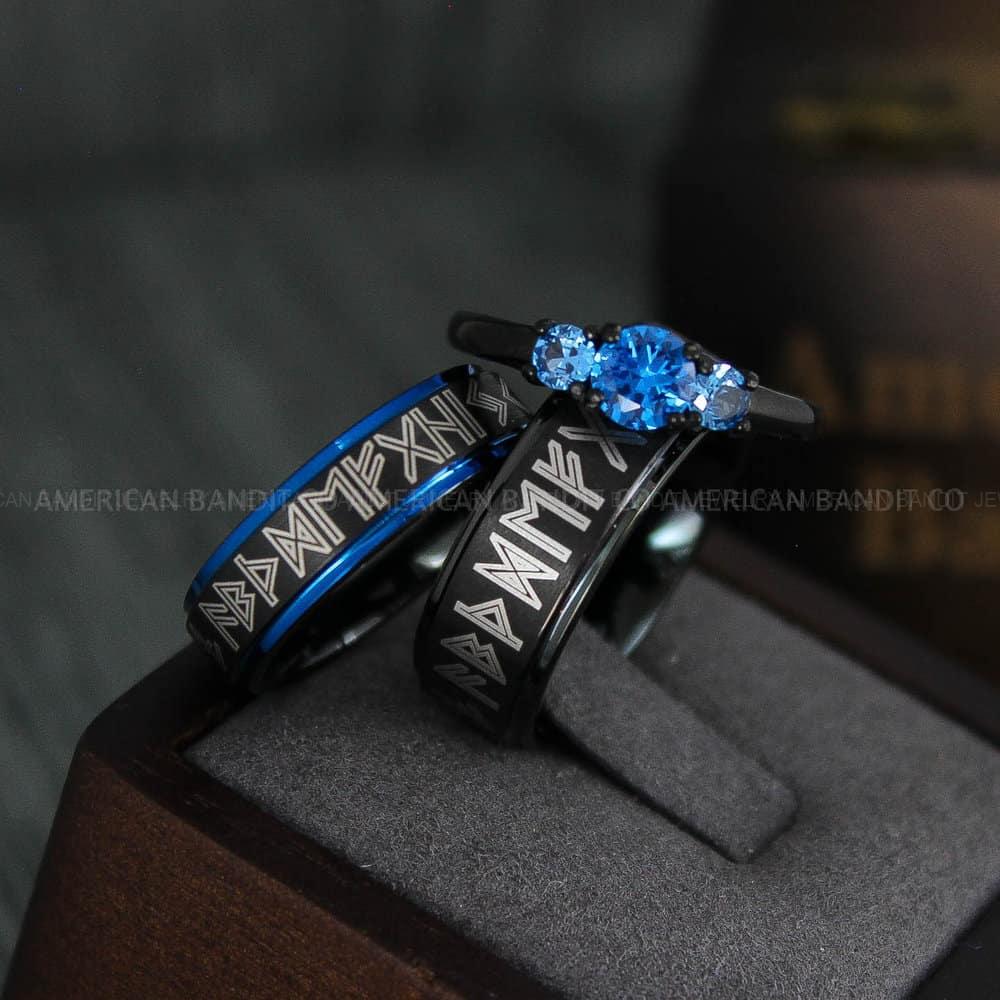 IMG_4433 Til Valhalla Rings, Viking Rings, Runes Rings, Vegvísir Ring, Couple Nordic Rings, Norsemen Rings, Nordic Runes Rings, Black Tungsten Bands - Image 1