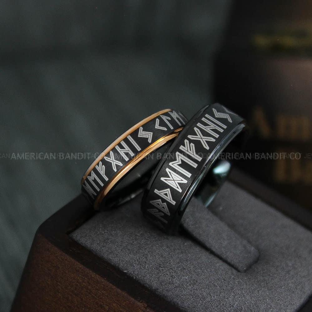 IMG_4434 Til Valhalla Rings, Viking Rings, Runes Rings, Vegvísir Ring, Couple Nordic Rings, Norsemen Rings, Nordic Runes Rings, Black Tungsten Bands - Image 1