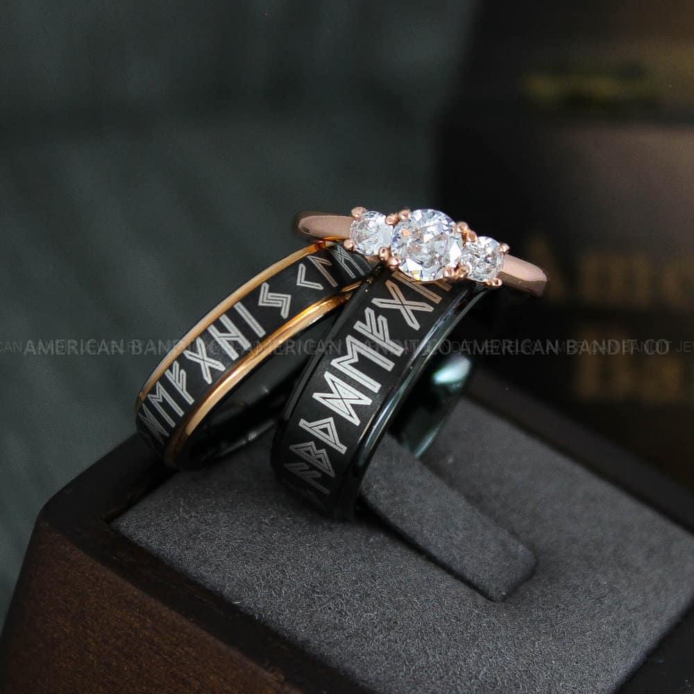 IMG_4435 Til Valhalla Rings, Viking Rings, Runes Rings, Vegvísir Ring, Couple Nordic Rings, Norsemen Rings, Nordic Runes Rings, Black Tungsten Bands - Image 1