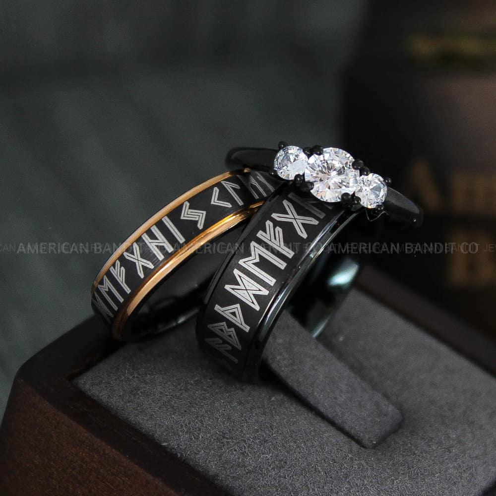 IMG_4438 Til Valhalla Rings, Viking Rings, Runes Rings, Vegvísir Ring, Couple Nordic Rings, Norsemen Rings, Nordic Runes Rings, Black Tungsten Bands - Image 1