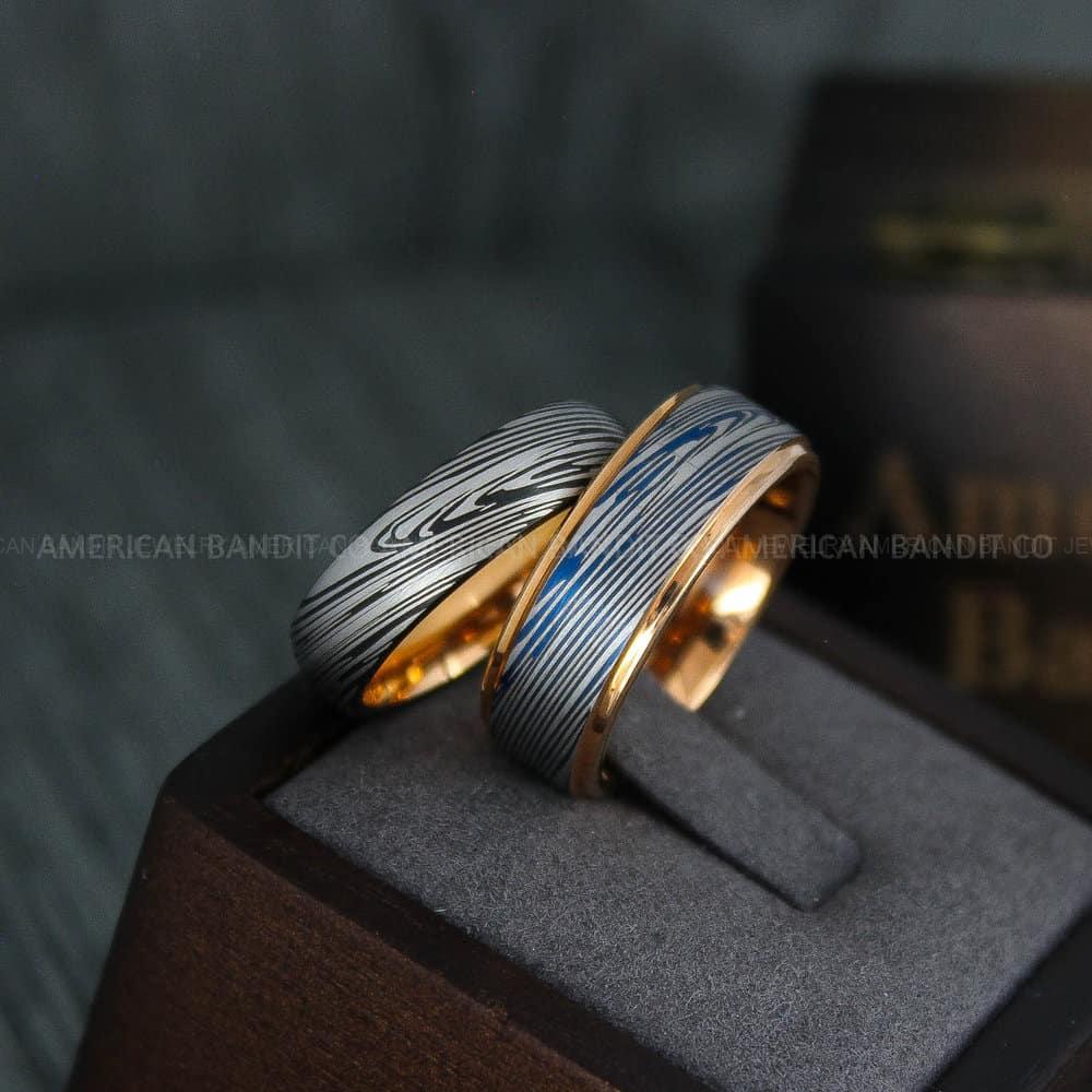IMG_4441 Damascus Steel Rings, Damascus Steel Wedding Rings, Damascus Steel Wedding Bands, Rose Gold Wedding Rings, Gold Damascus Steel Wedding Rings - Image 1
