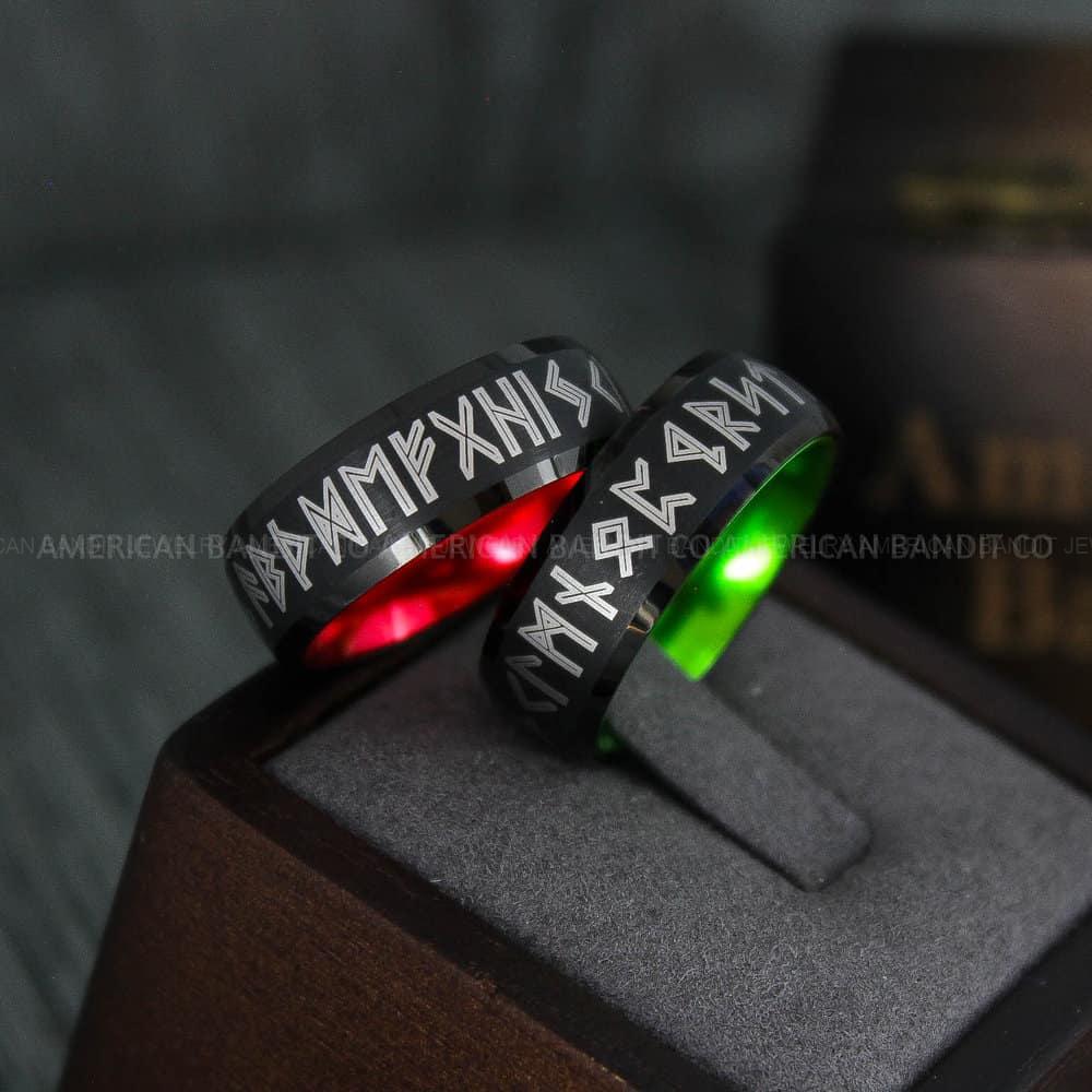IMG_4443 Til Valhalla Rings, Viking Rings, Runes Rings, Vegvísir Ring, Couple Nordic Rings, Norsemen Rings, Nordic Runes Rings, Black Tungsten Bands - Image 1